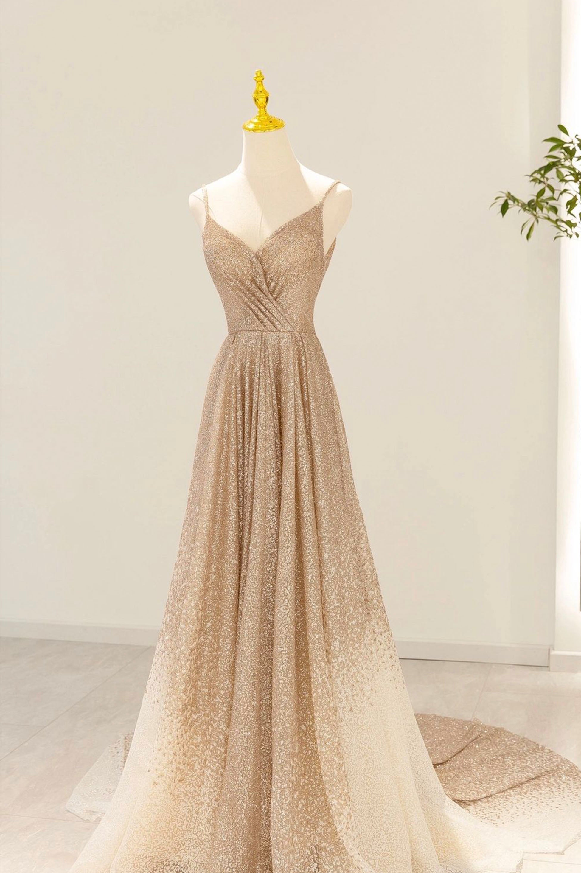 A-Line Gold V-Neck Sequins Long Prom Dress Evening Party Dress