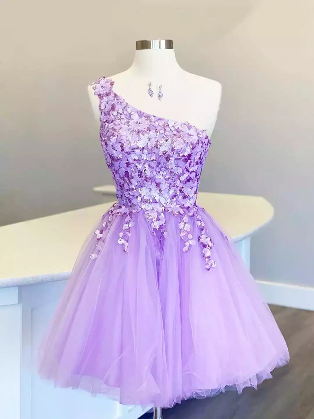 Purple One Shoulder Cute Tulle Sequins Short Prom Dress Party Dress