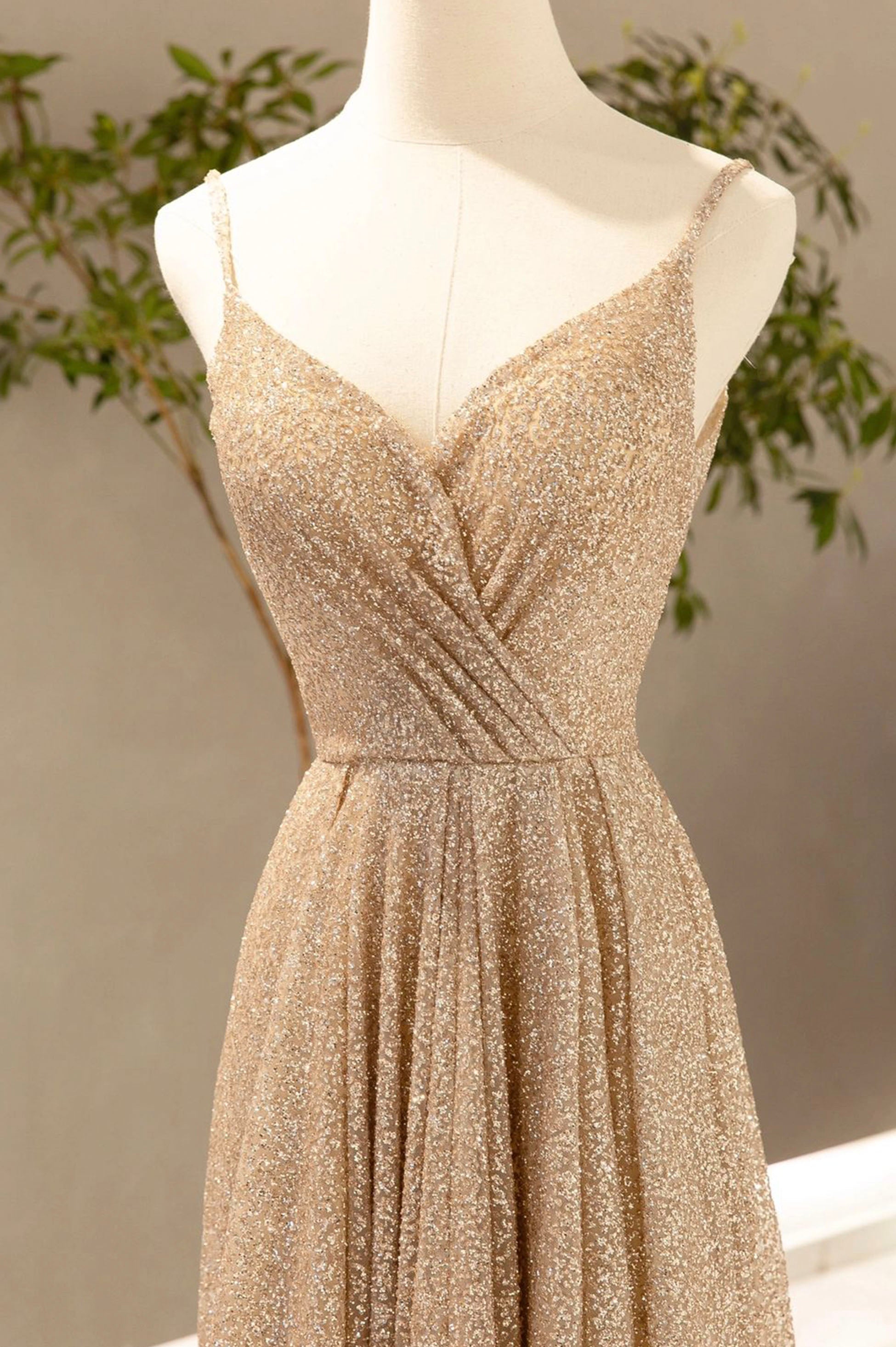 A-Line Gold V-Neck Sequins Long Prom Dress Evening Party Dress