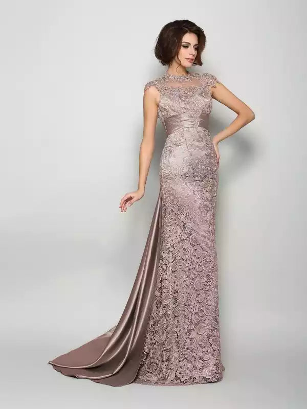 Elastic Woven Satin A-Line High Neck Sleeveless Court Train With Lace Mother of the Bride Dresses