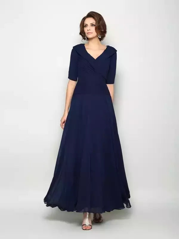 1/2 Sleeves A-Line Chiffon V-neck Ankle-Length With Ruffles Mother of the Bride Dresses