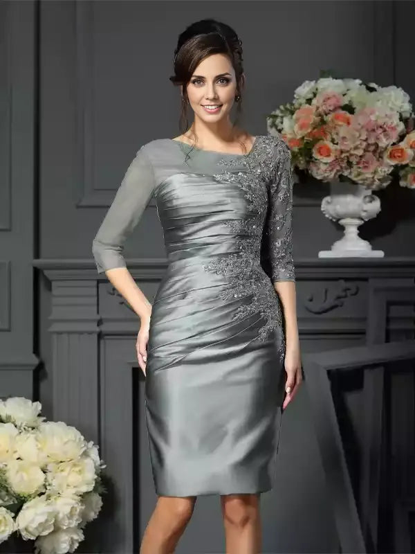 1/2 Sleeves Knee-Length  Sheath Satin Scoop With Beading Mother of the Bride Dresses