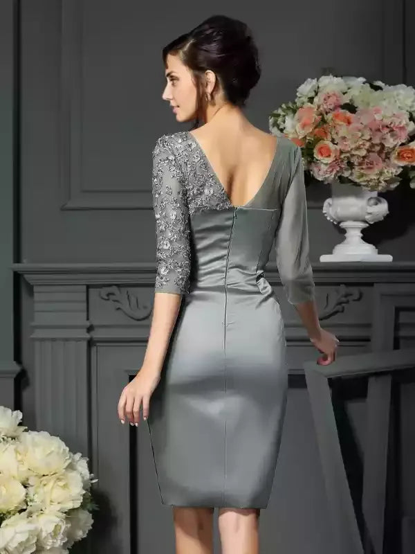 1/2 Sleeves Knee-Length  Sheath Satin Scoop With Beading Mother of the Bride Dresses