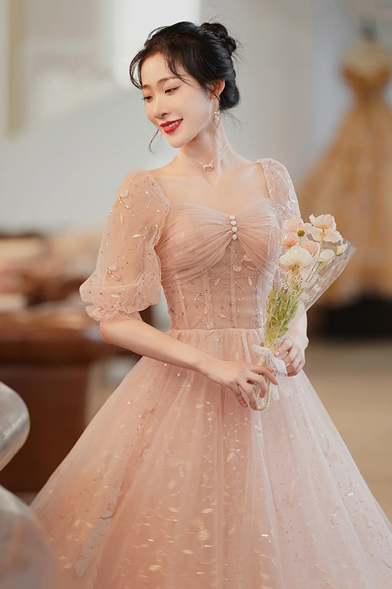 1/2 Sleeves ShortCute Tulle A-Line Homecoming Dress Prom Dress Party Dresses