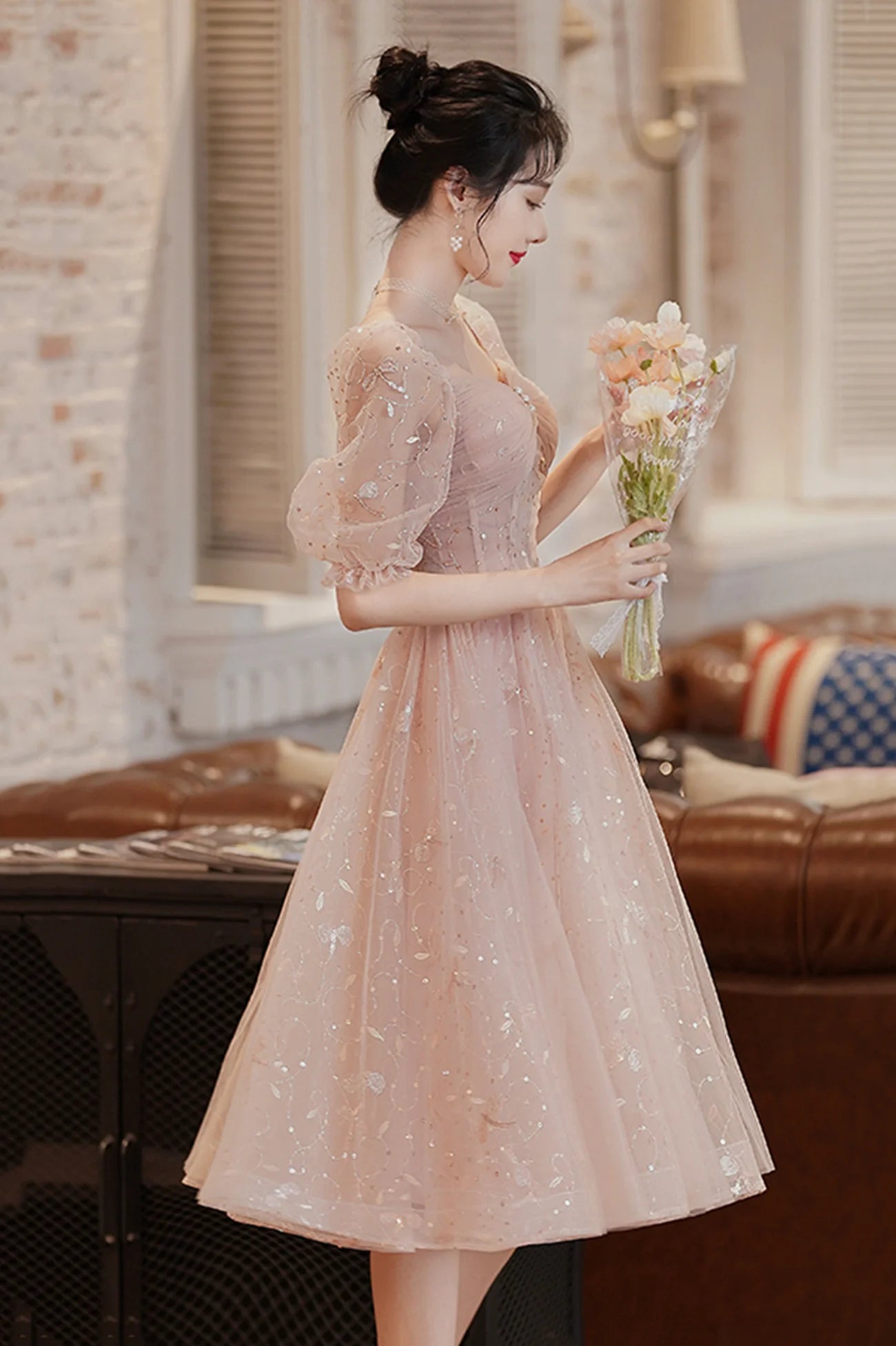 1/2 Sleeves ShortCute Tulle A-Line Homecoming Dress Prom Dress Party Dresses