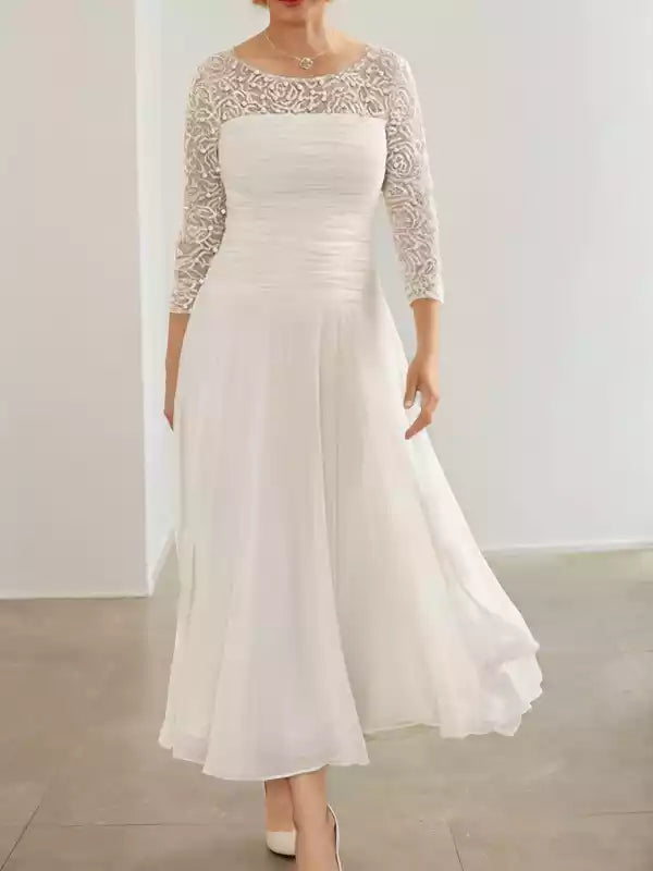 3/4 Sleeves A-Line/Princess Chiffon Applique Scoop Tea-Length Mother of the Bride Dresses