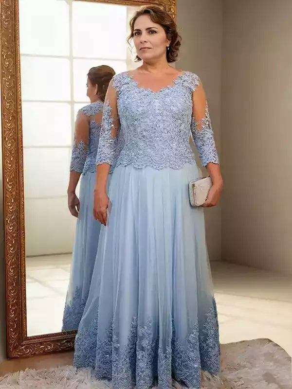 3/4 Sleeves Floor-Length A-Line Tulle Applique Scoop Mother of the Bride Dresses