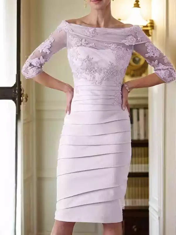3/4 Sleeves Knee-Length Sheath Satin Applique Scoop Mother of the Bride Dresses