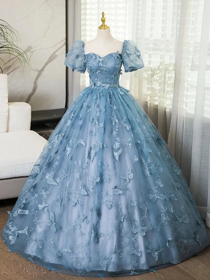 3D Butterfly Applique A Line Puff Sleeves Tulle Lace Gray Blue Sweet Short Sleeves Long Prom Dress Cocktail Dress Homecoming Dress Evening Dress