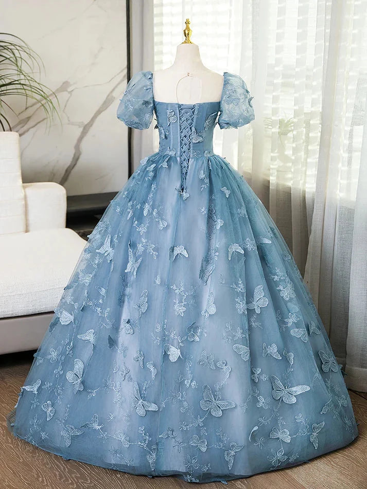 3D Butterfly Applique A Line Puff Sleeves Tulle Lace Gray Blue Sweet Short Sleeves Long Prom Dress Cocktail Dress Homecoming Dress Evening Dress
