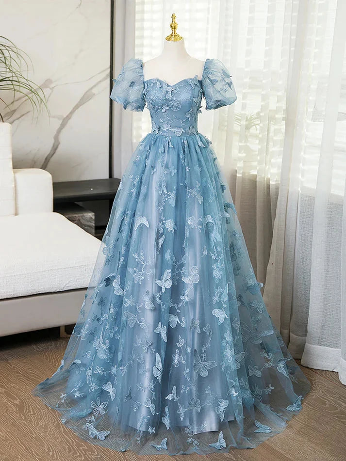 3D Butterfly Applique A Line Puff Sleeves Tulle Lace Gray Blue Sweet Short Sleeves Long Prom Dress Cocktail Dress Homecoming Dress Evening Dress