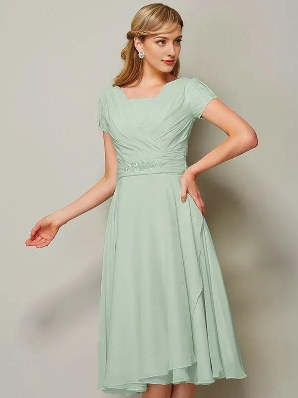 Short Sleeves Sheath Chiffon Bateau Tea-Length With Ruffles Bridesmaid Dresses