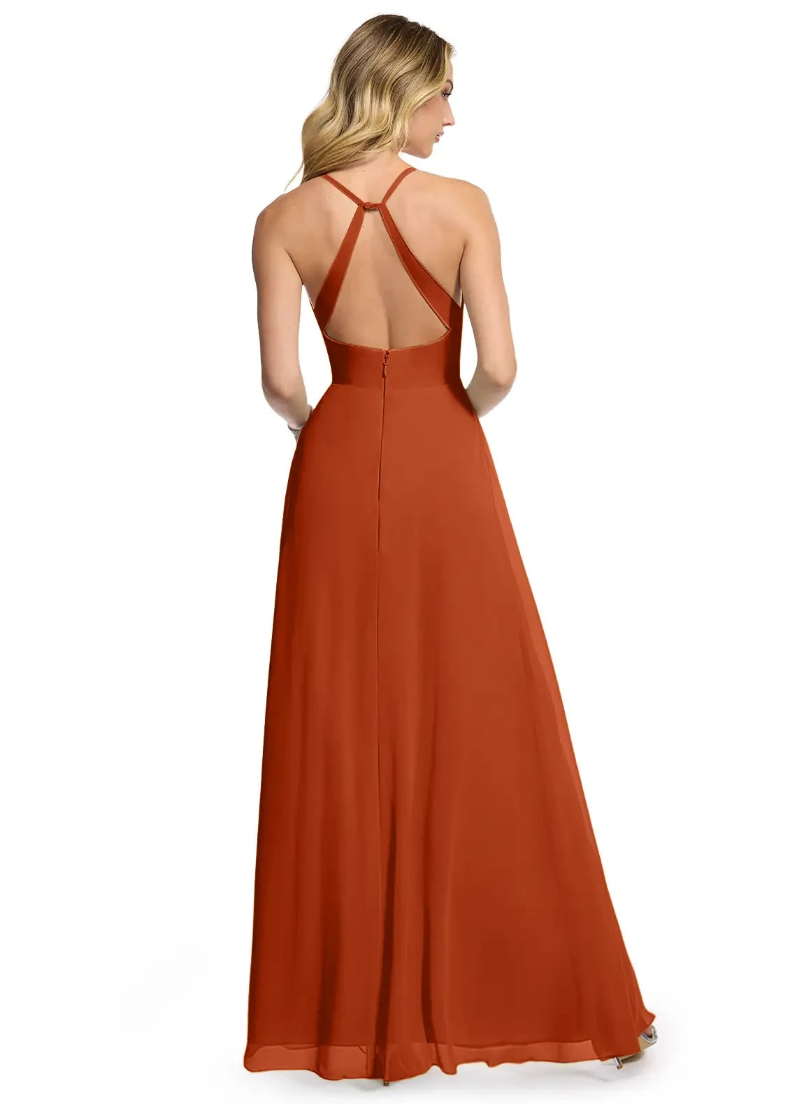 Elegant Halter Neck Sleeveless Keyhole Back Floor Length Bridesmaid Dress