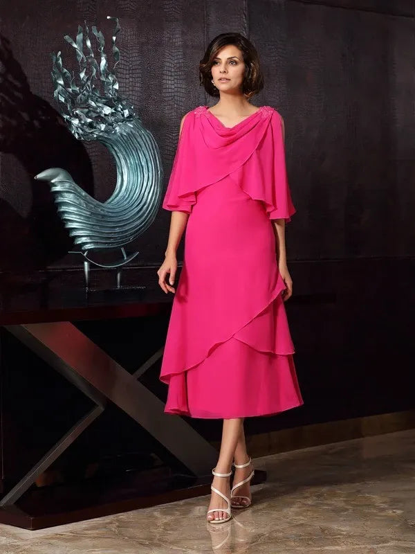 Chiffon Scoop Sleeveless  A-Line Tea-Length With Layers Mother of the Bride Dresses