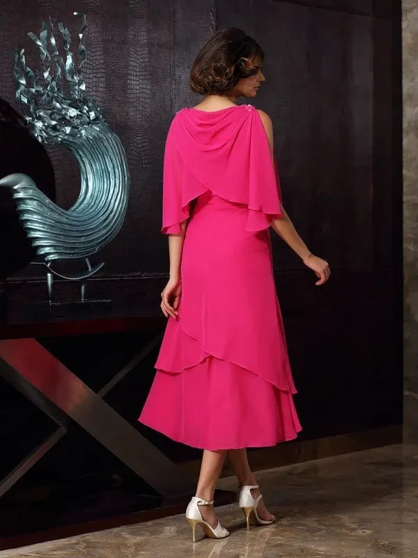 Chiffon Scoop Sleeveless  A-Line Tea-Length With Layers Mother of the Bride Dresses