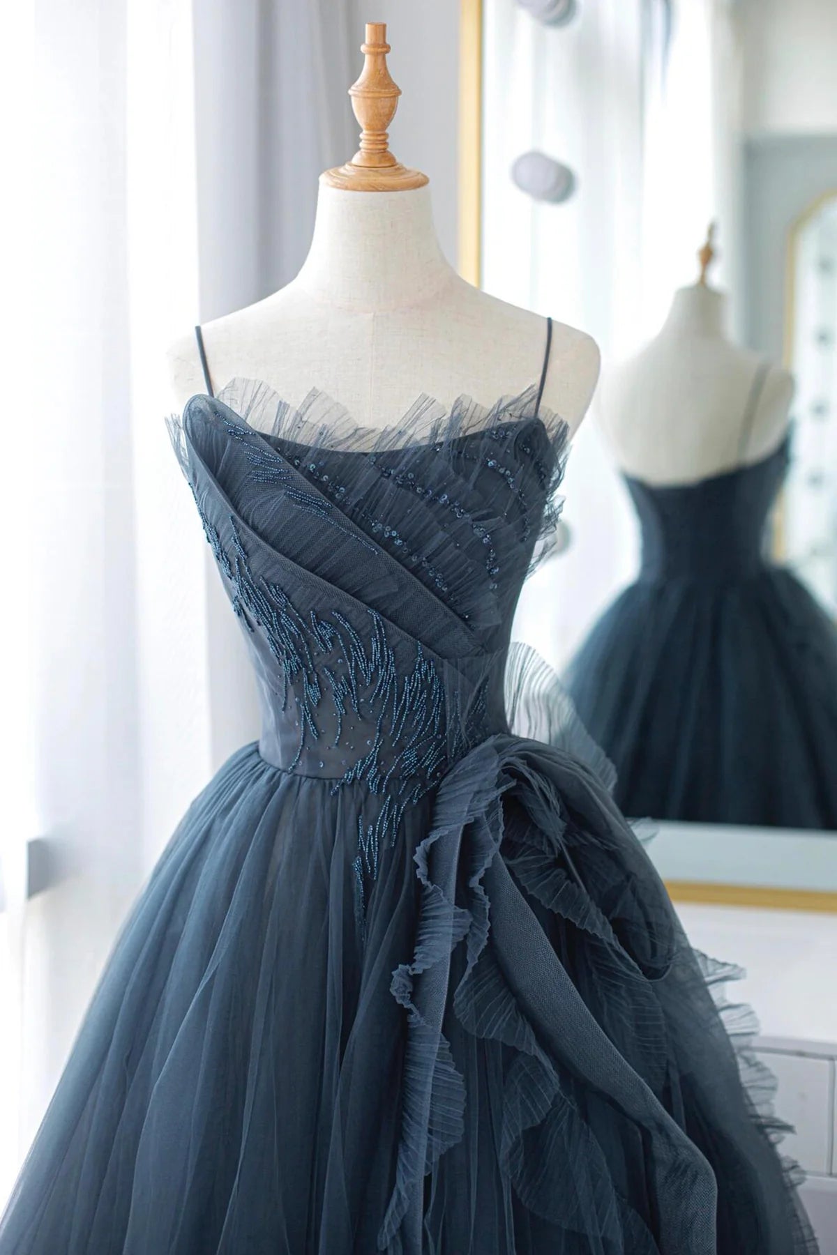 A-Line Backless Blue Spaghetti Strap Tulle Long Prom Dress  Party Dress