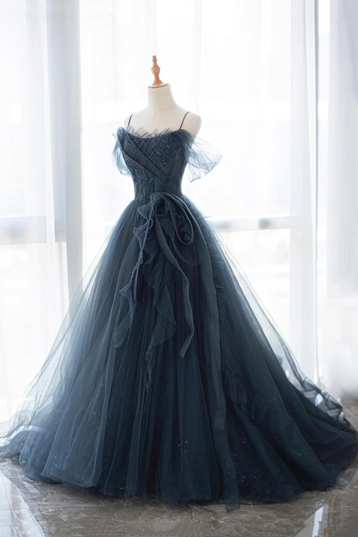 A-Line Backless Blue Spaghetti Strap Tulle Long Prom Dress  Party Dress