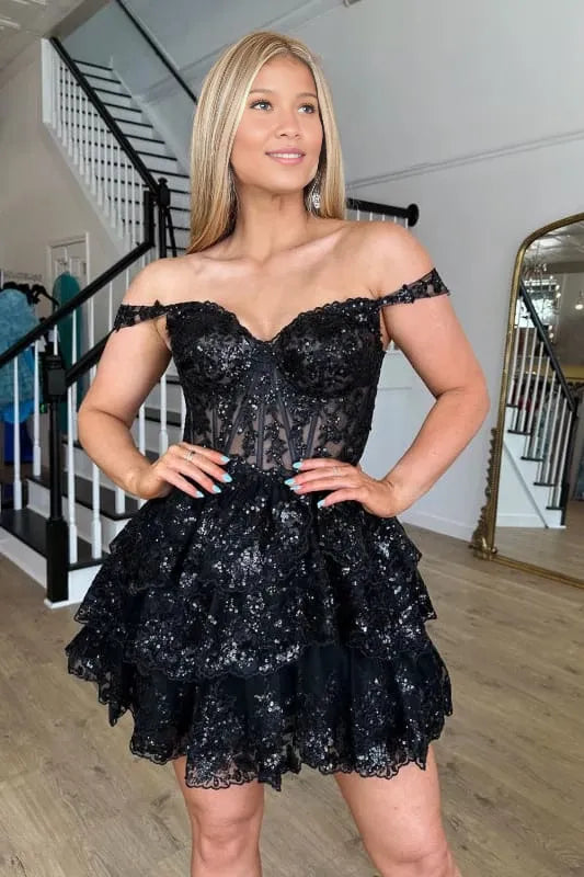 A-Line Black Tiered Lace Short  Off-the-Shoulder Prom Dress Party Dresses Homecoming Dresses