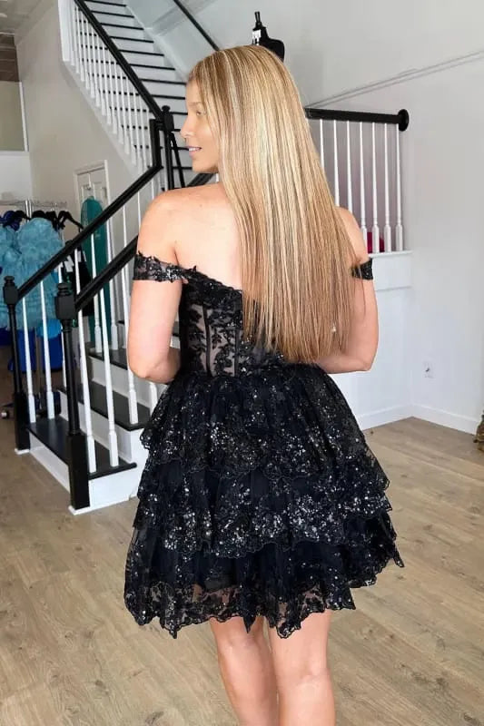 A-Line Black Tiered Lace Short  Off-the-Shoulder Prom Dress Party Dresses Homecoming Dresses
