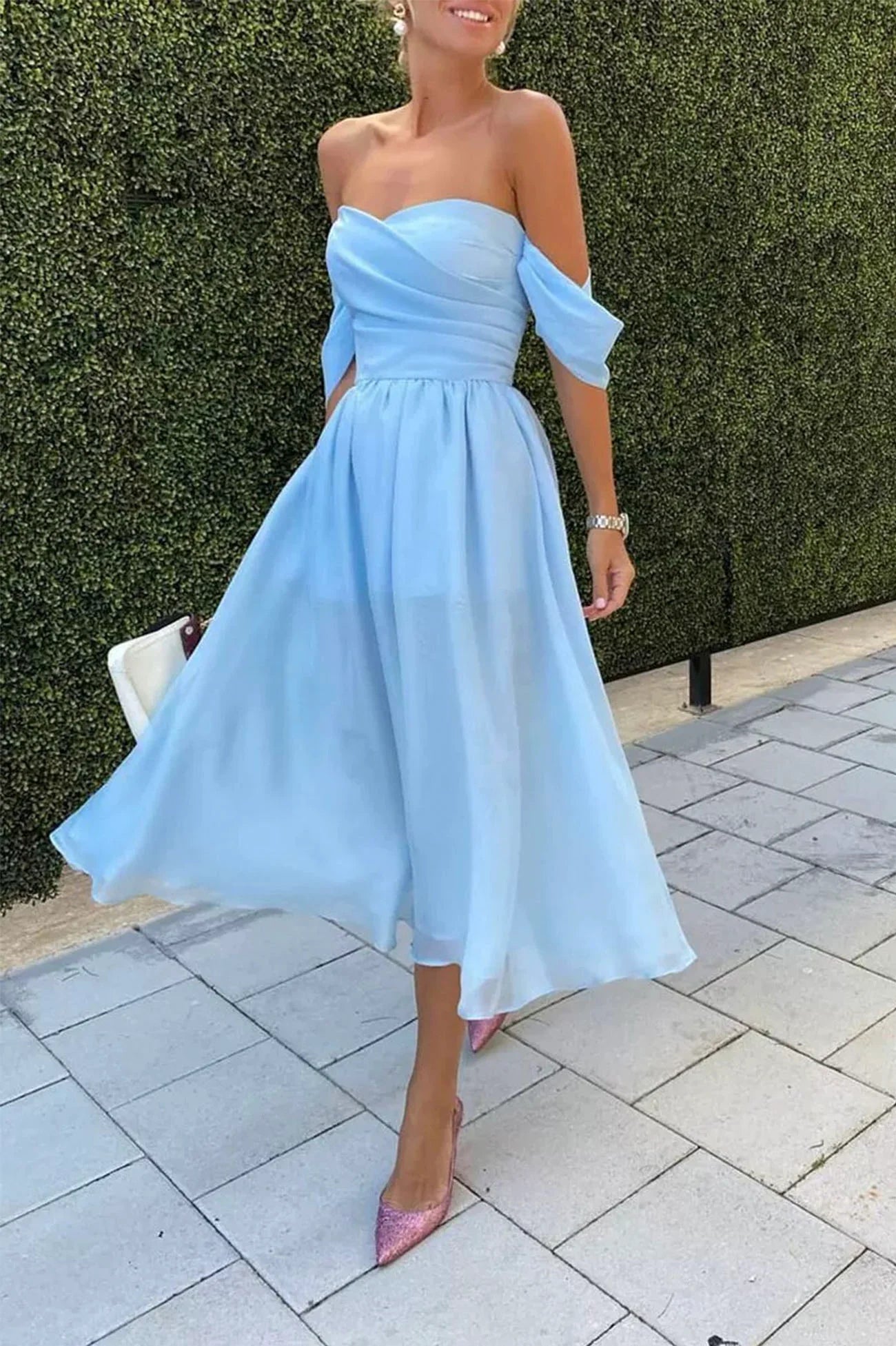 A-Line Blue Chiffon Off the Shoulder Short Prom Dress Blue Homecoming Dress Party Dresses