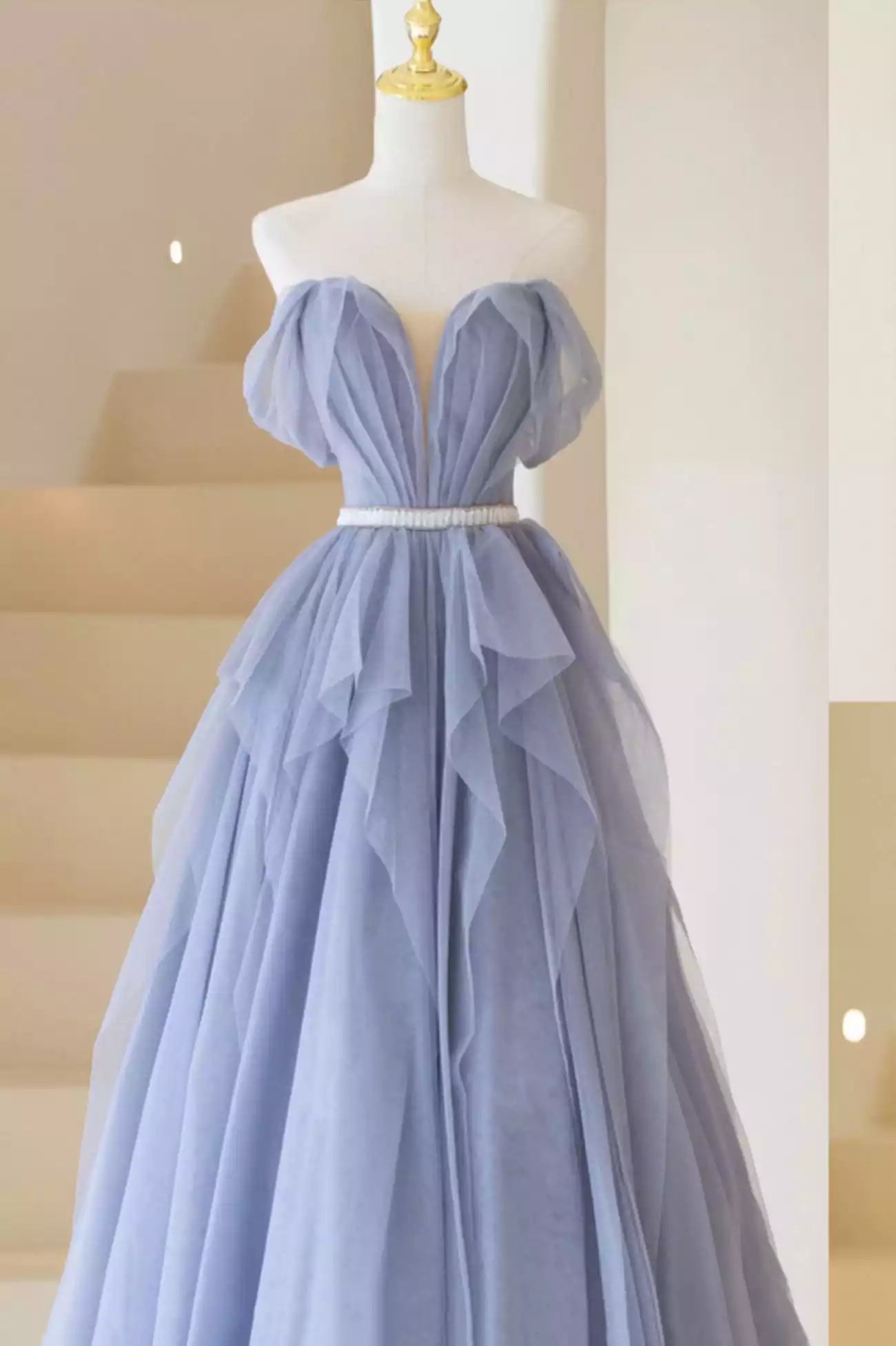 A-Line Blue Off Shoulder Tulle Long Formal Dress Blue Evening Dress