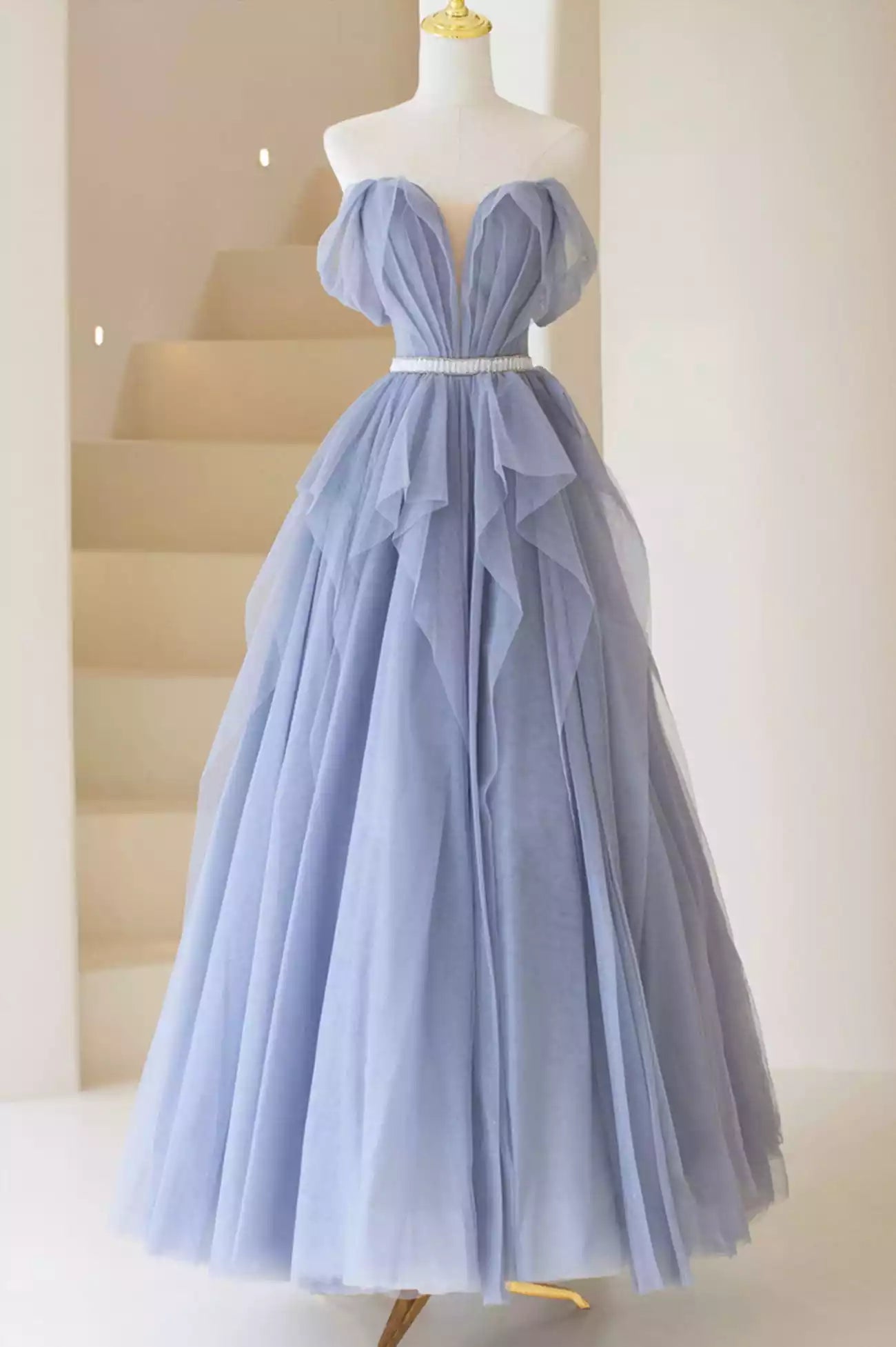 A-Line Blue Off Shoulder Tulle Long Formal Dress Blue Evening Dress