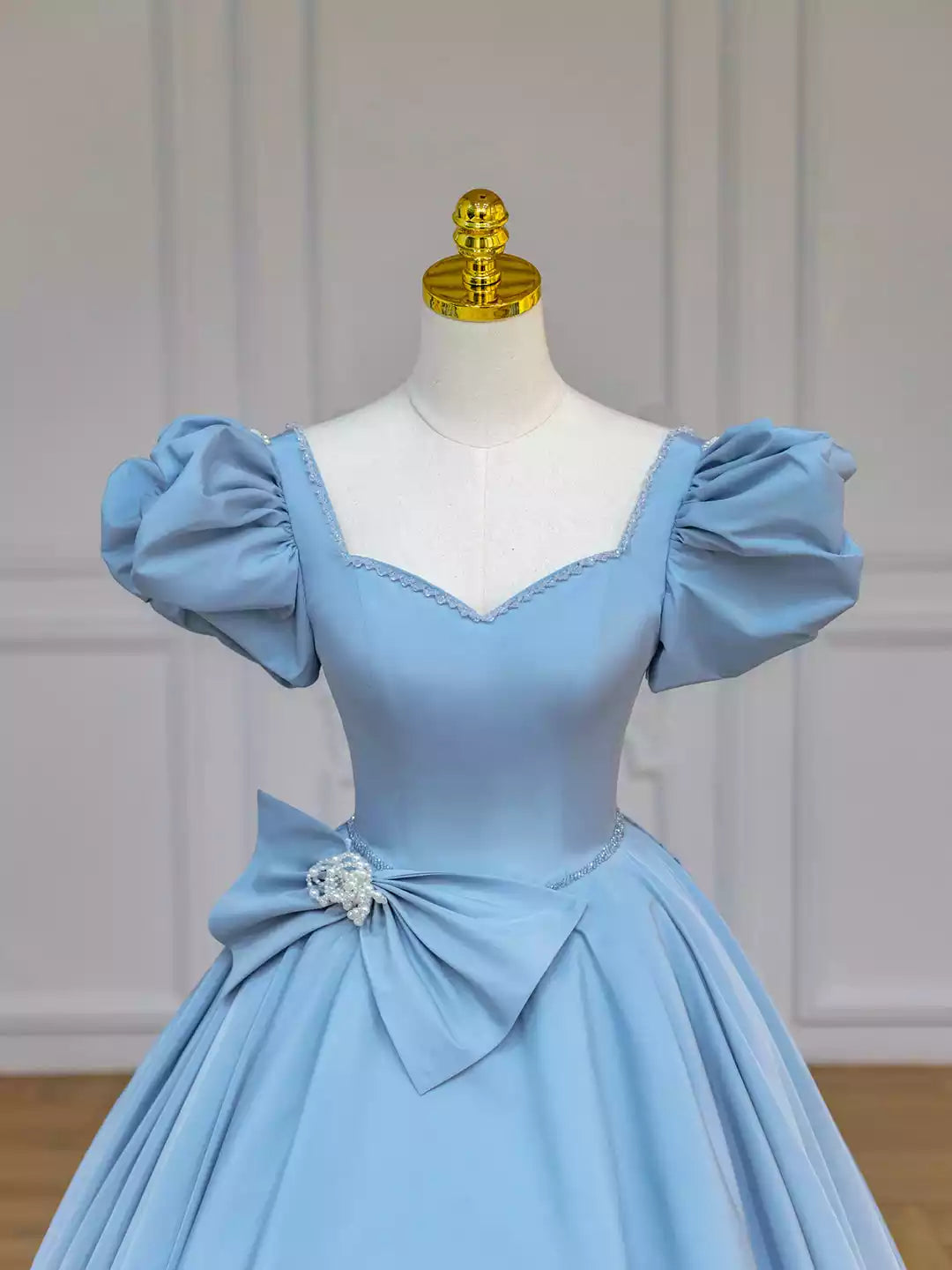 A-Line Blue Satin Long Prom Dress with Bow Formal Evening Dress