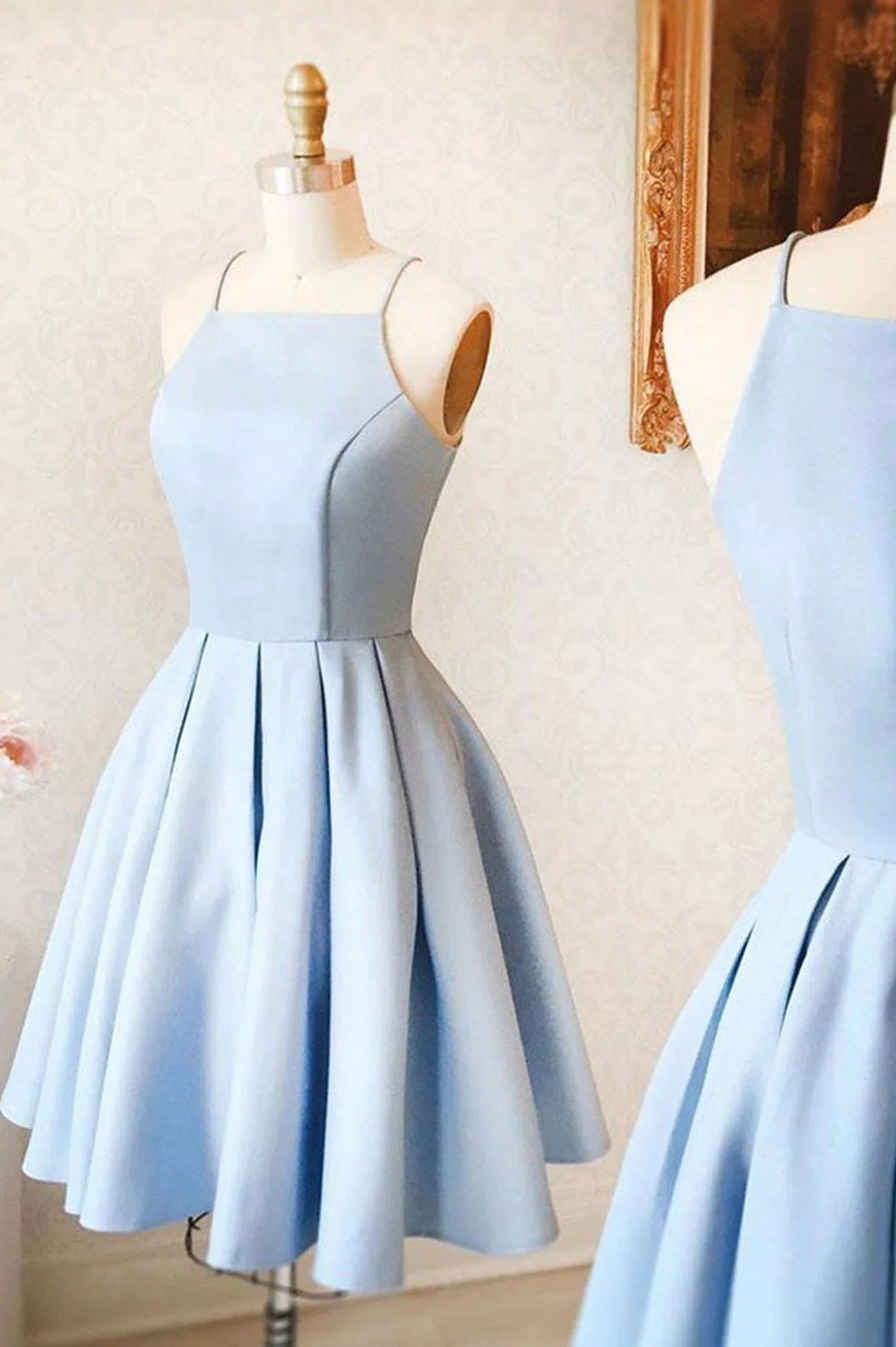 A-Line Blue Satin Short Prom Dresses Evening Dresses