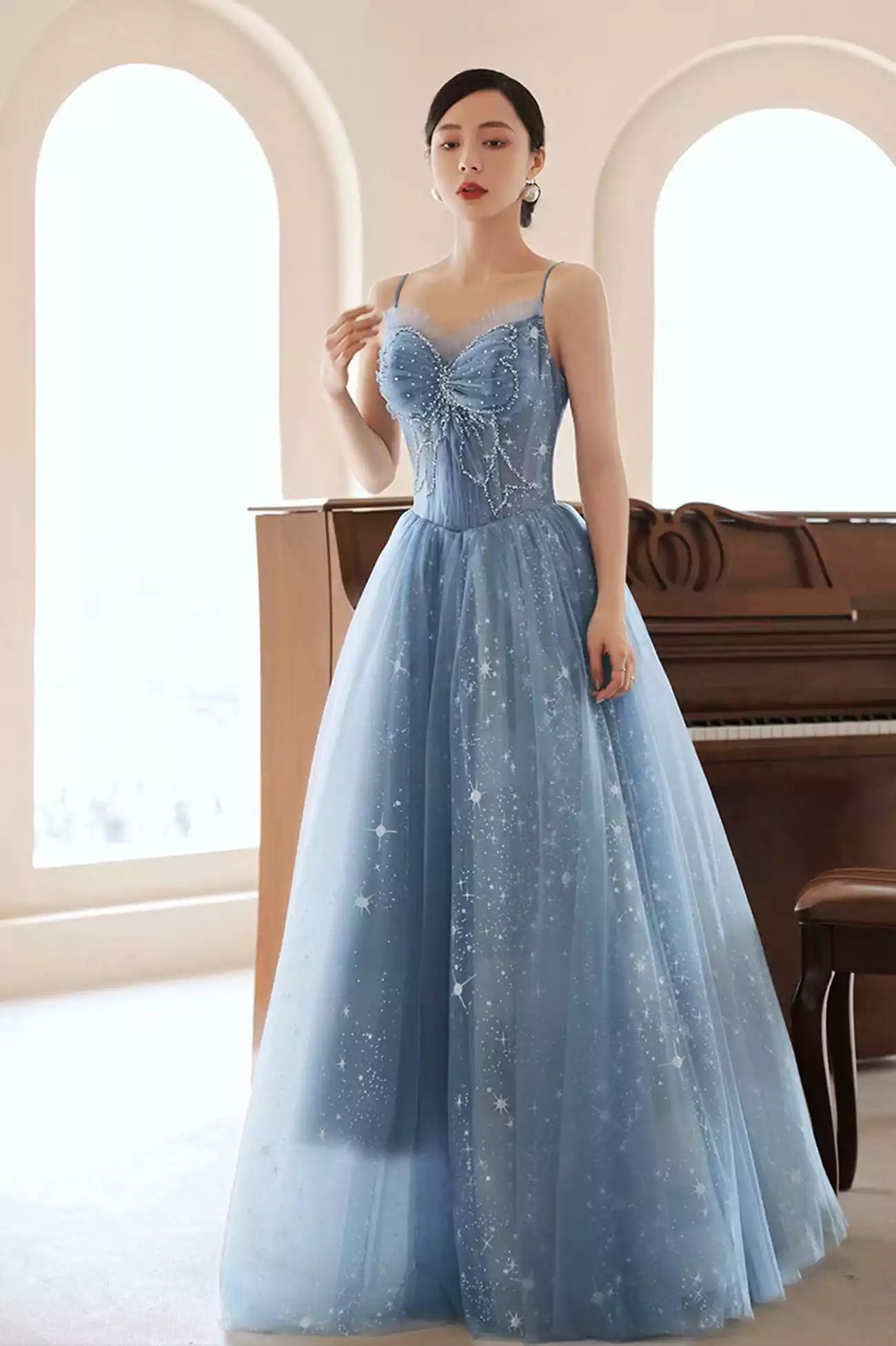 A-Line Blue Tulle Beading Long Prom Dress Blue Formal Dress