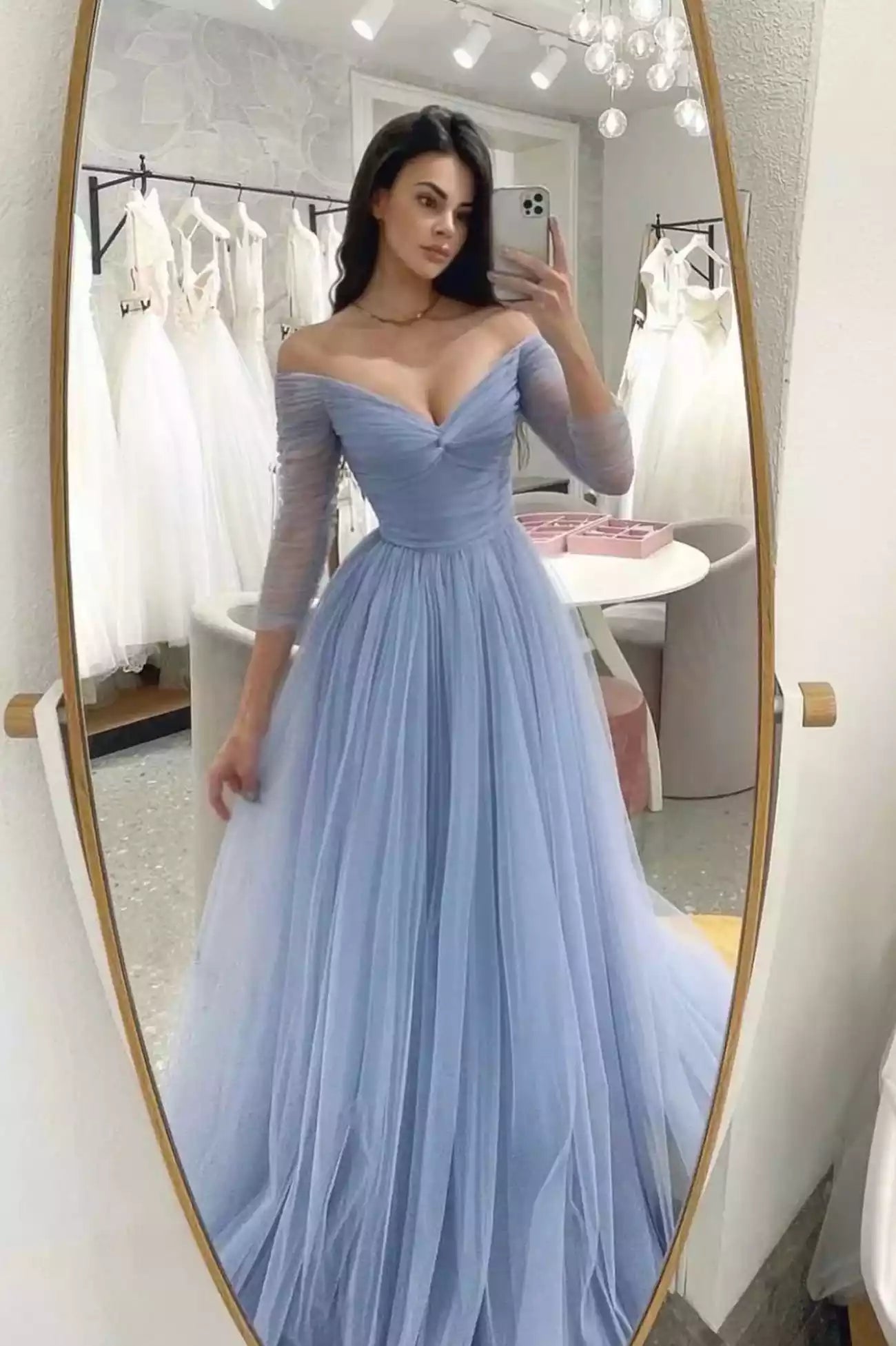 A-Line Blue Tulle Long Prom Dress Blue Evening Party Dress