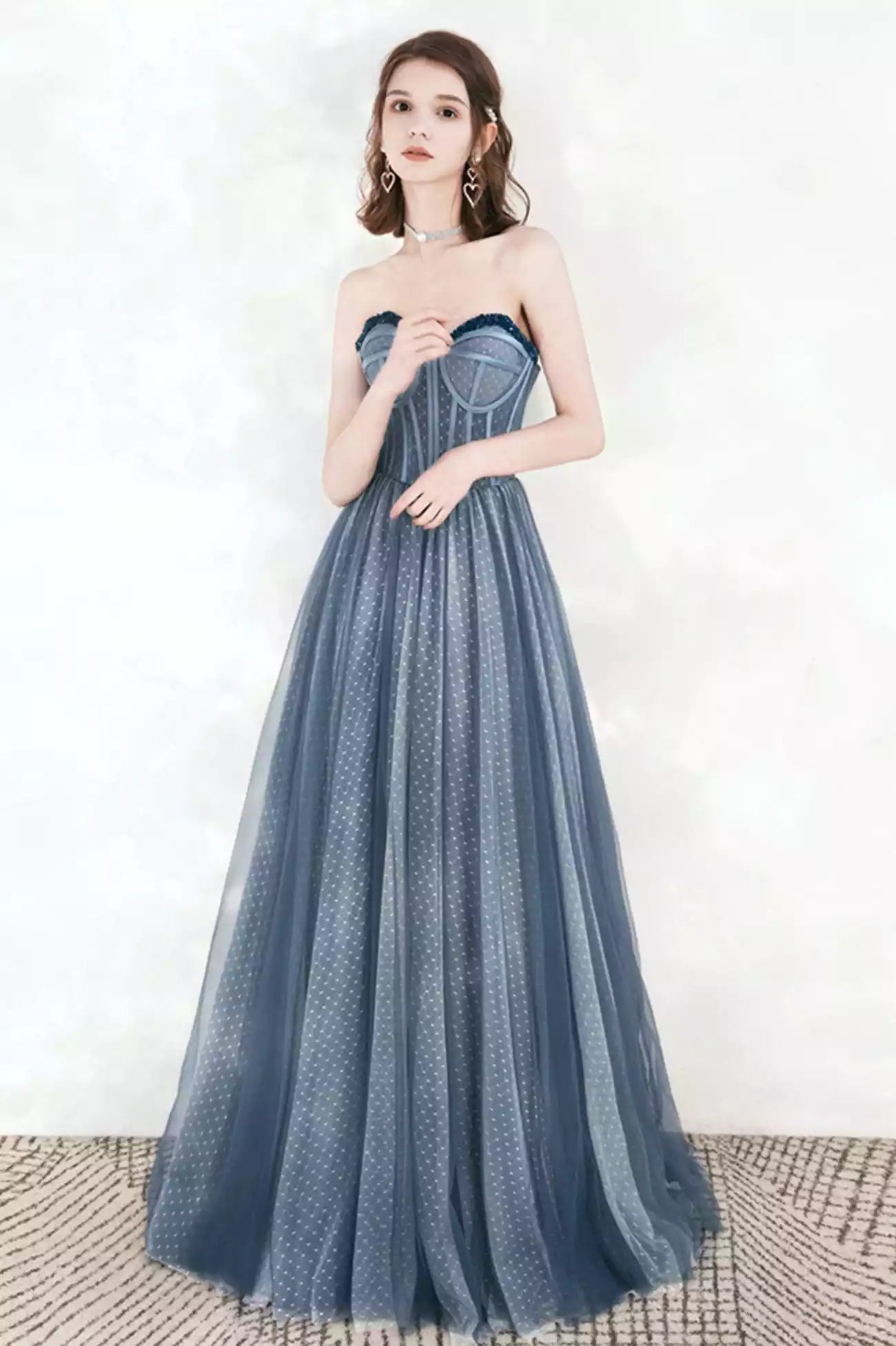 A-Line Blue Tulle Strapless Long Prom Dresses Formal Evening Dresses