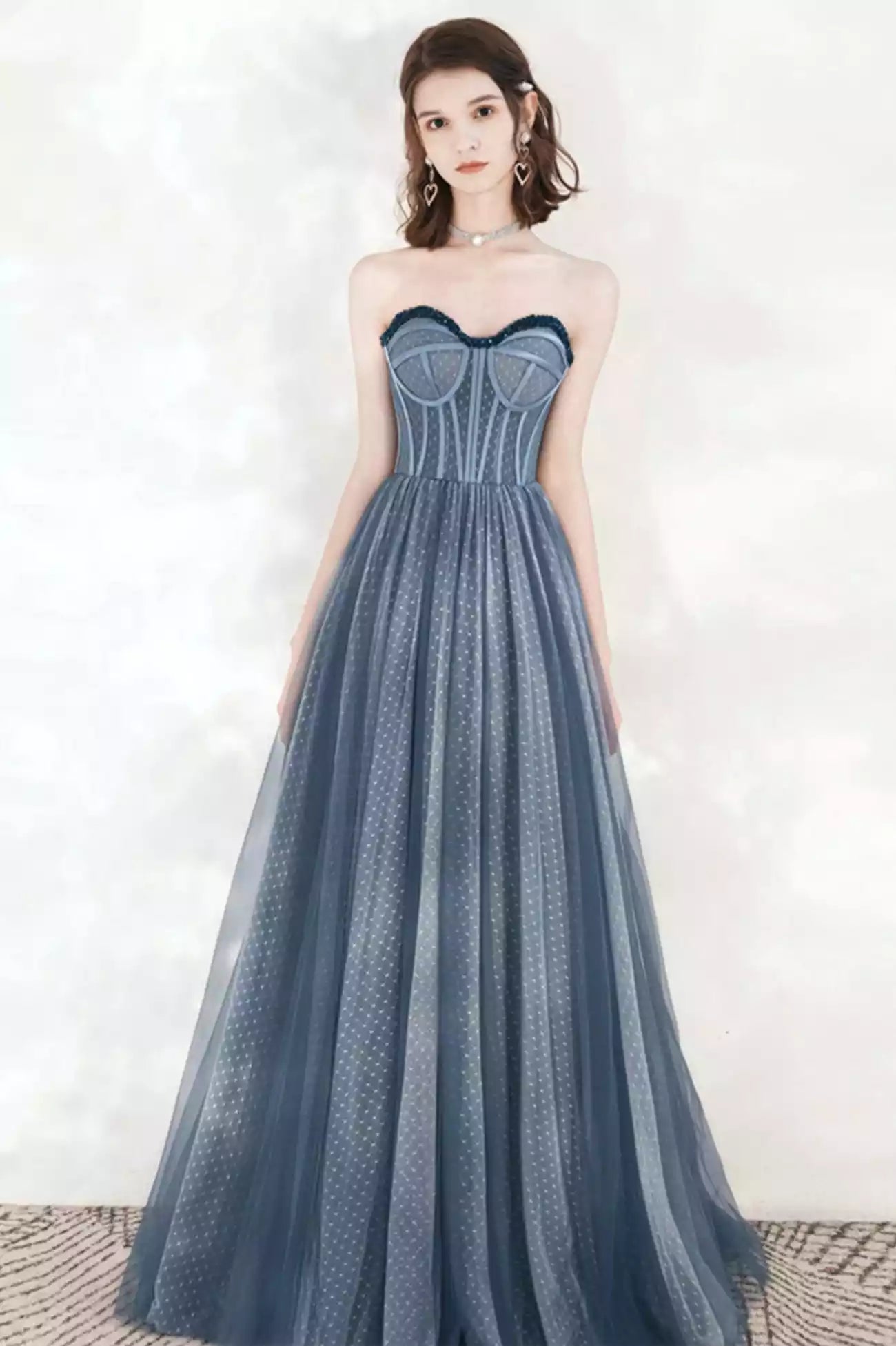 A-Line Blue Tulle Strapless Long Prom Dresses Formal Evening Dresses