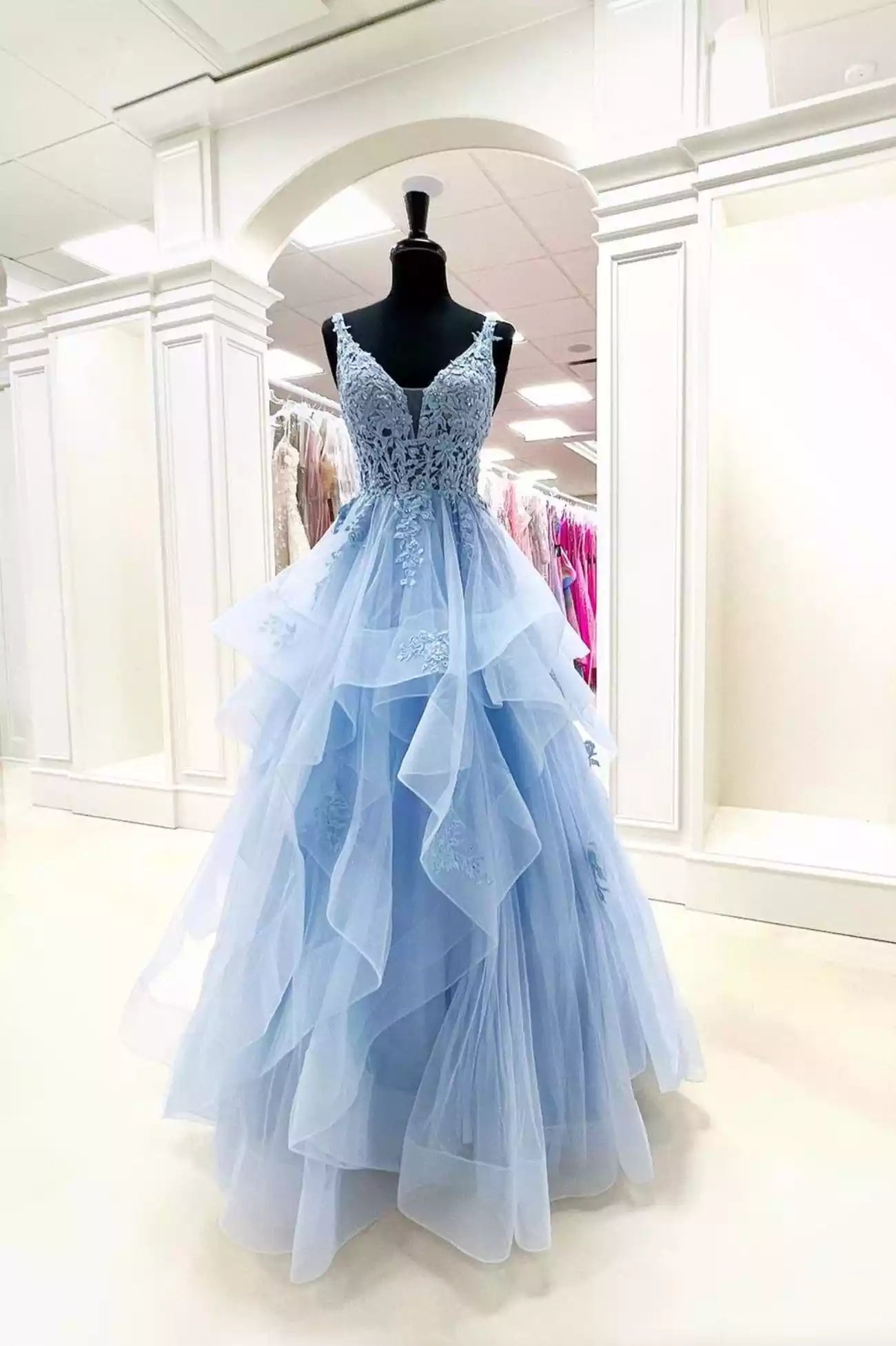 A-Line Blue V-Neck Lace Long Prom Dresses Formal Evening Dresses