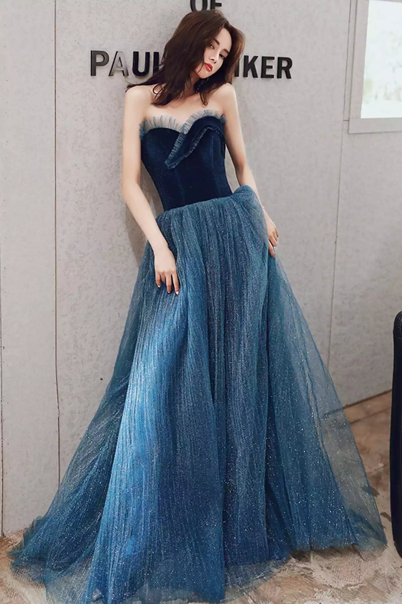 A-Line Blue Velvet Tulle Long Formal Evening Dresses Graduation Dresses