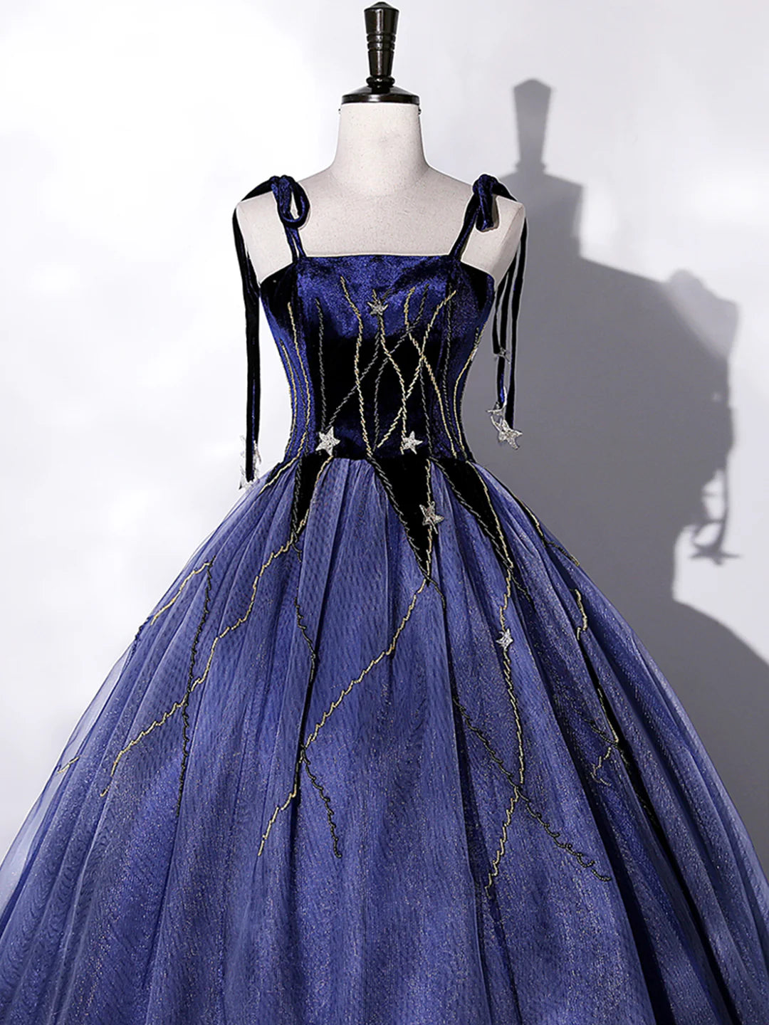 A-Line Blue Velvet Tulle Long Prom Dress Evening Party Dress