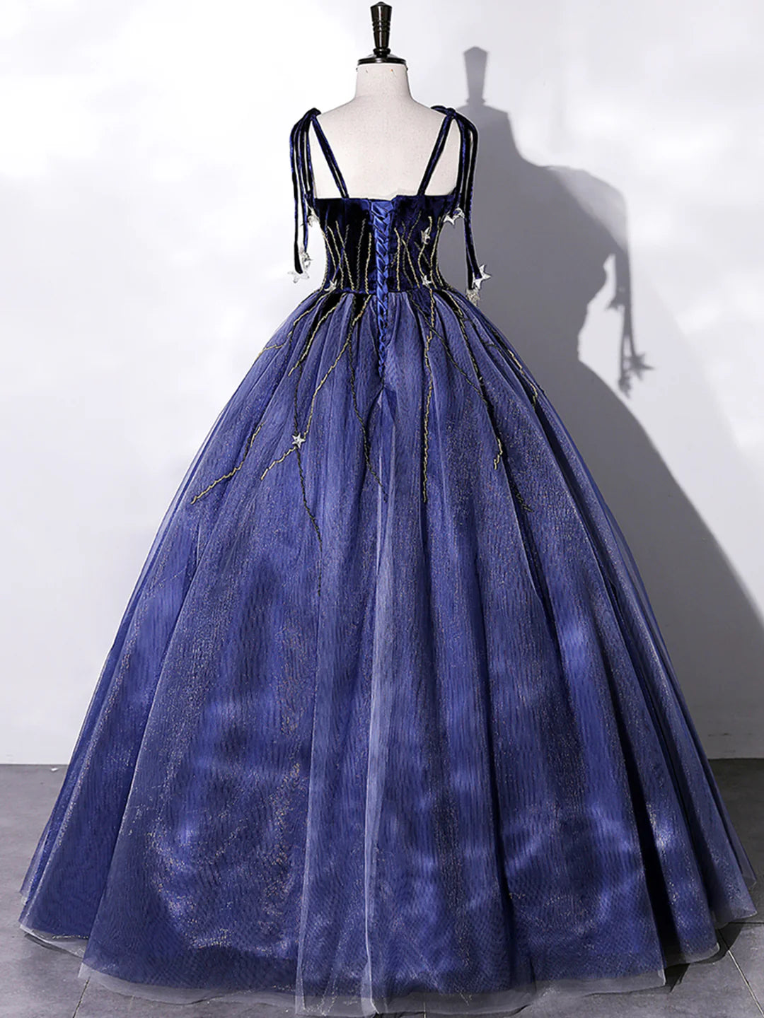 A-Line Blue Velvet Tulle Long Prom Dress Evening Party Dress