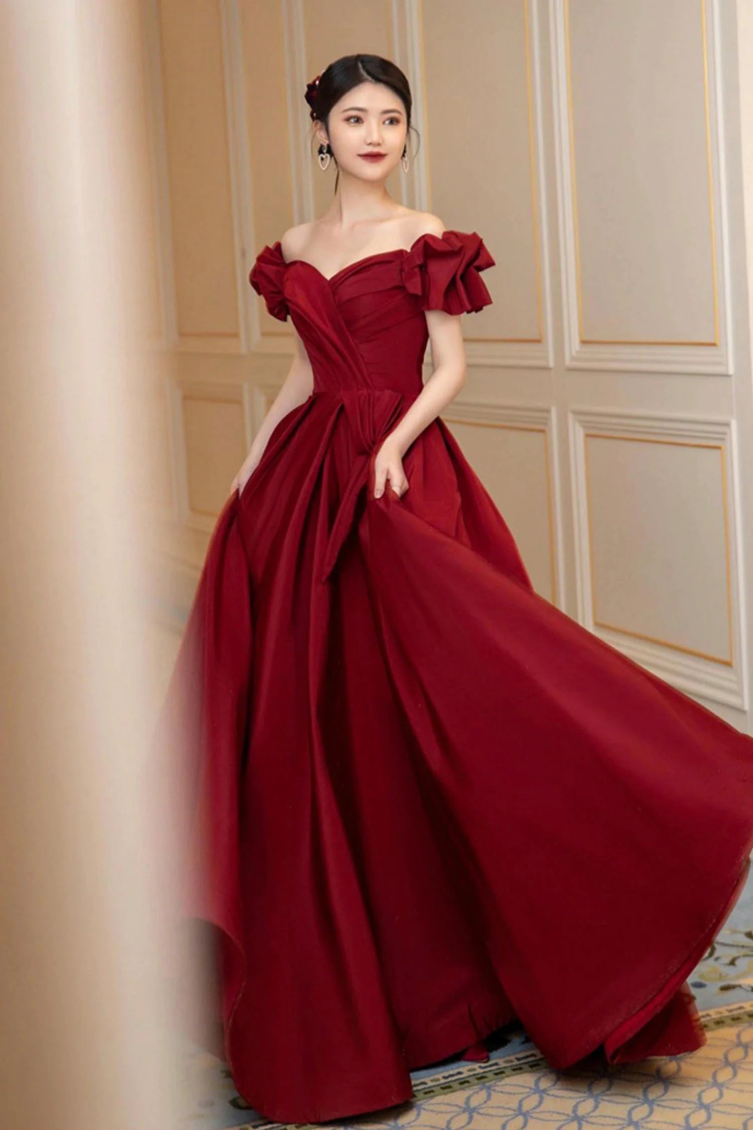A-Line  Burgundy Satin Long Prom Dress Evening Party Dress