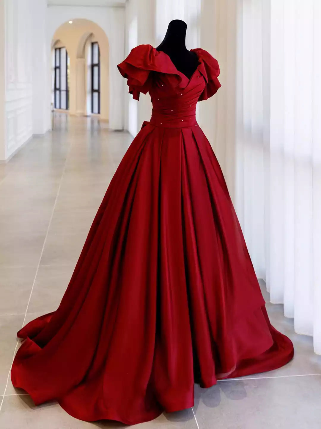 A-Line Burgundy Satin Long Prom Dress Evening Party Dress
