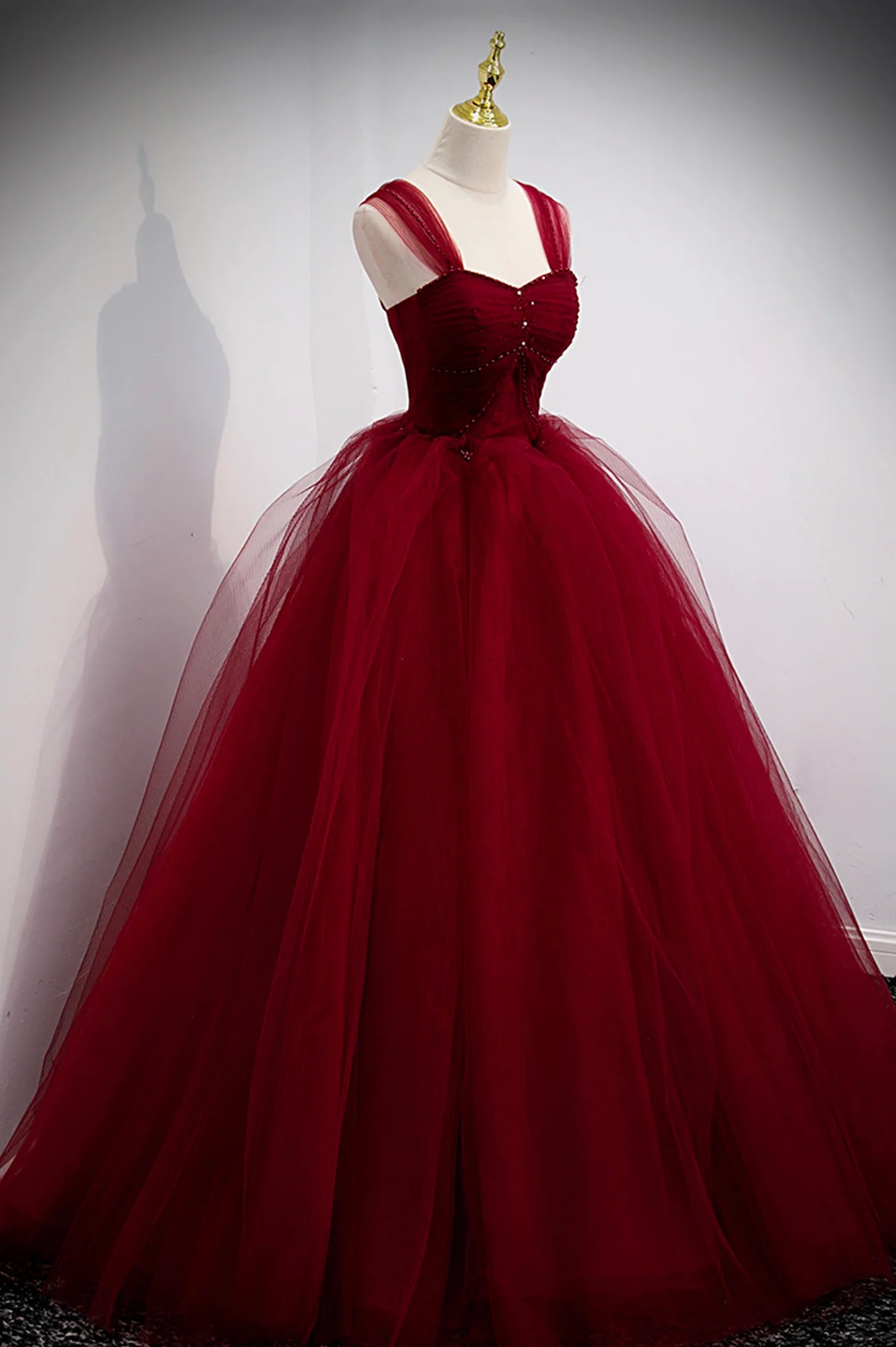 A-Line Burgundy Tulle Long  Prom Dress Burgundy Evening Party Dress