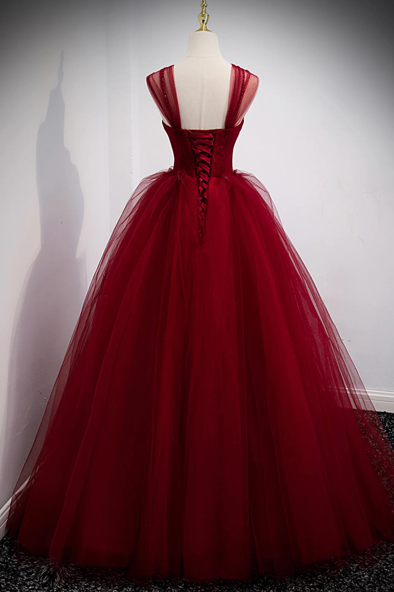 A-Line Burgundy Tulle Long  Prom Dress Burgundy Evening Party Dress