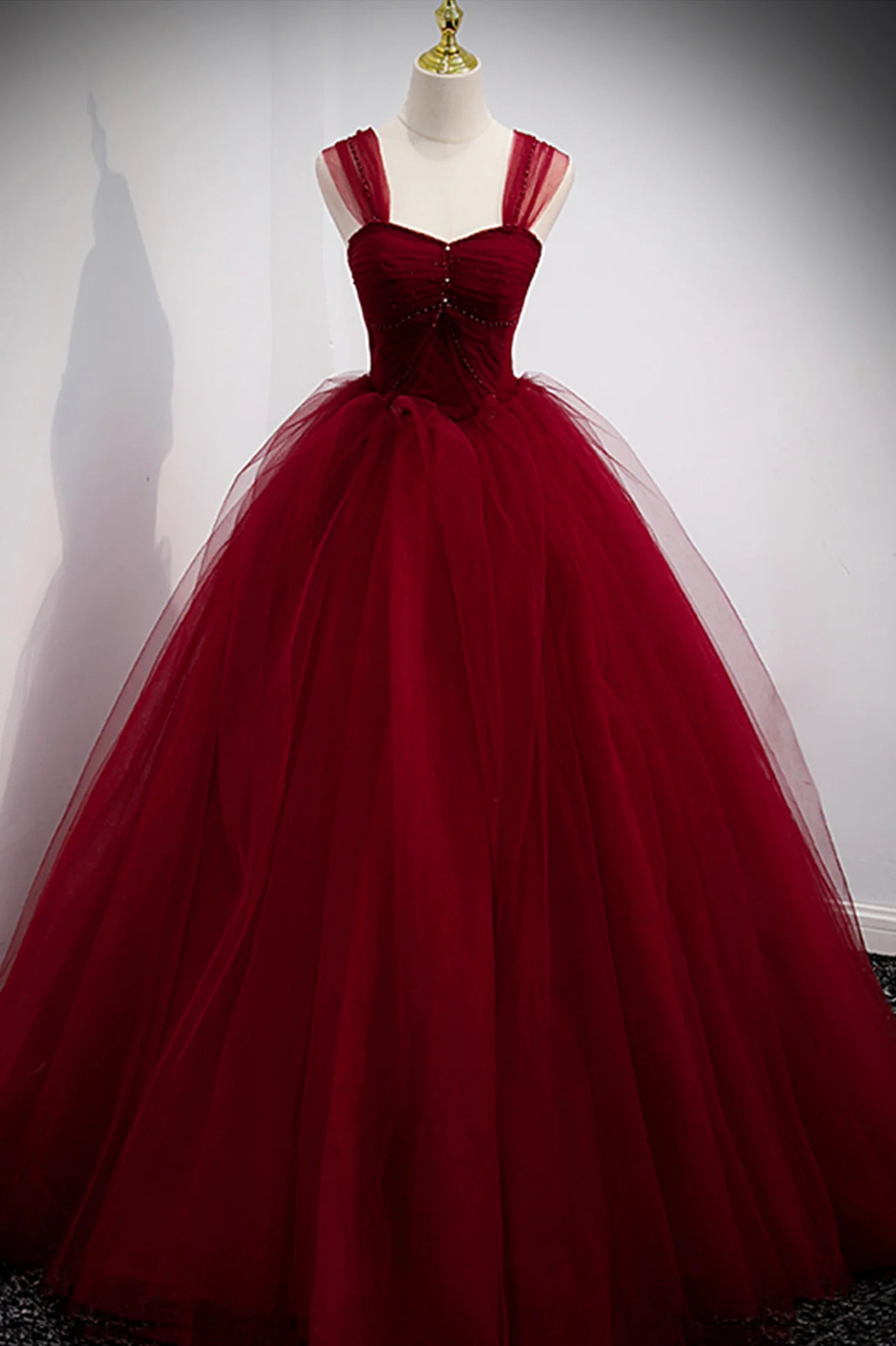 A-Line Burgundy Tulle Long  Prom Dress Burgundy Evening Party Dress