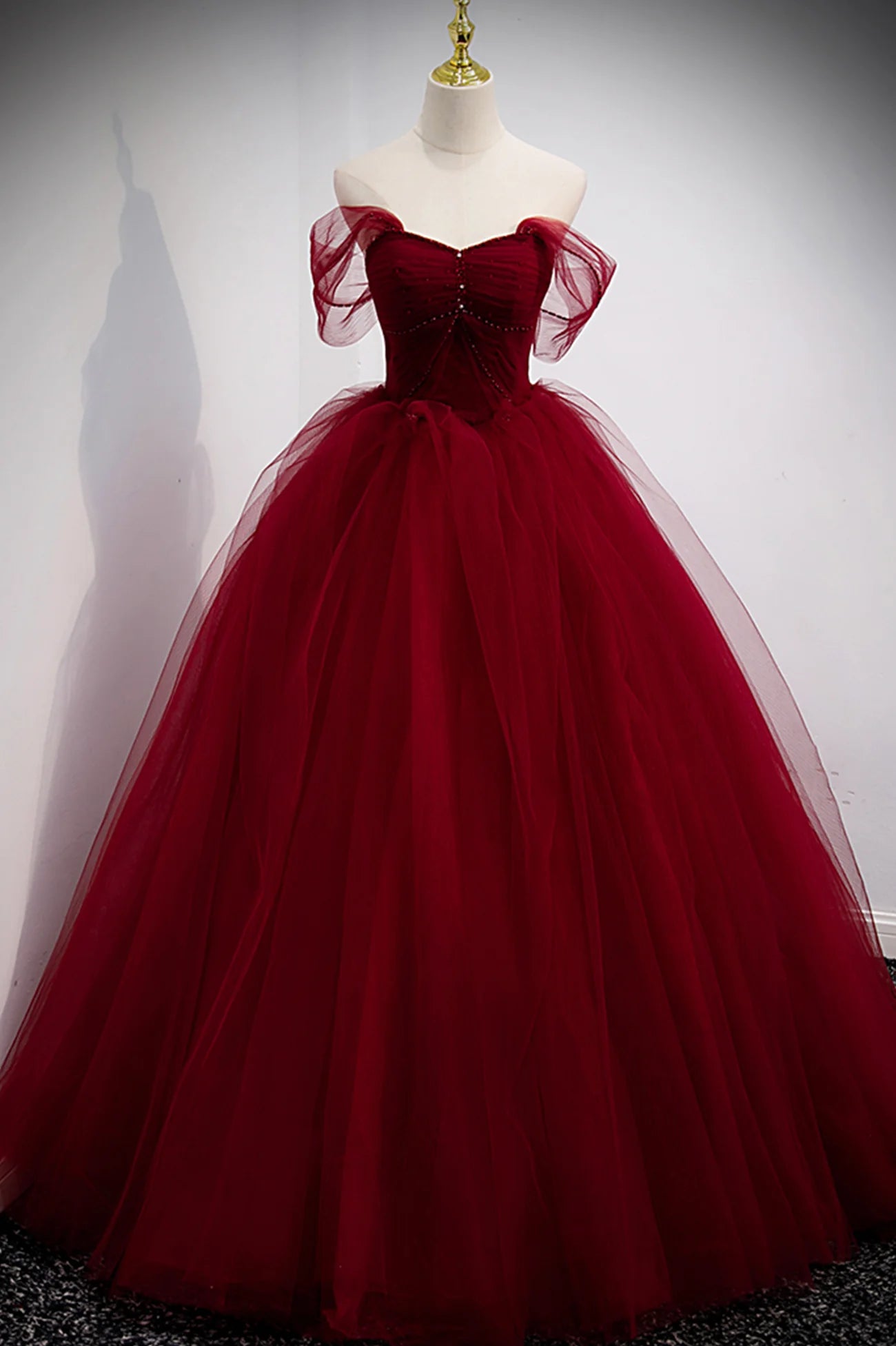 A-Line Burgundy Tulle Long  Prom Dress Burgundy Evening Party Dress