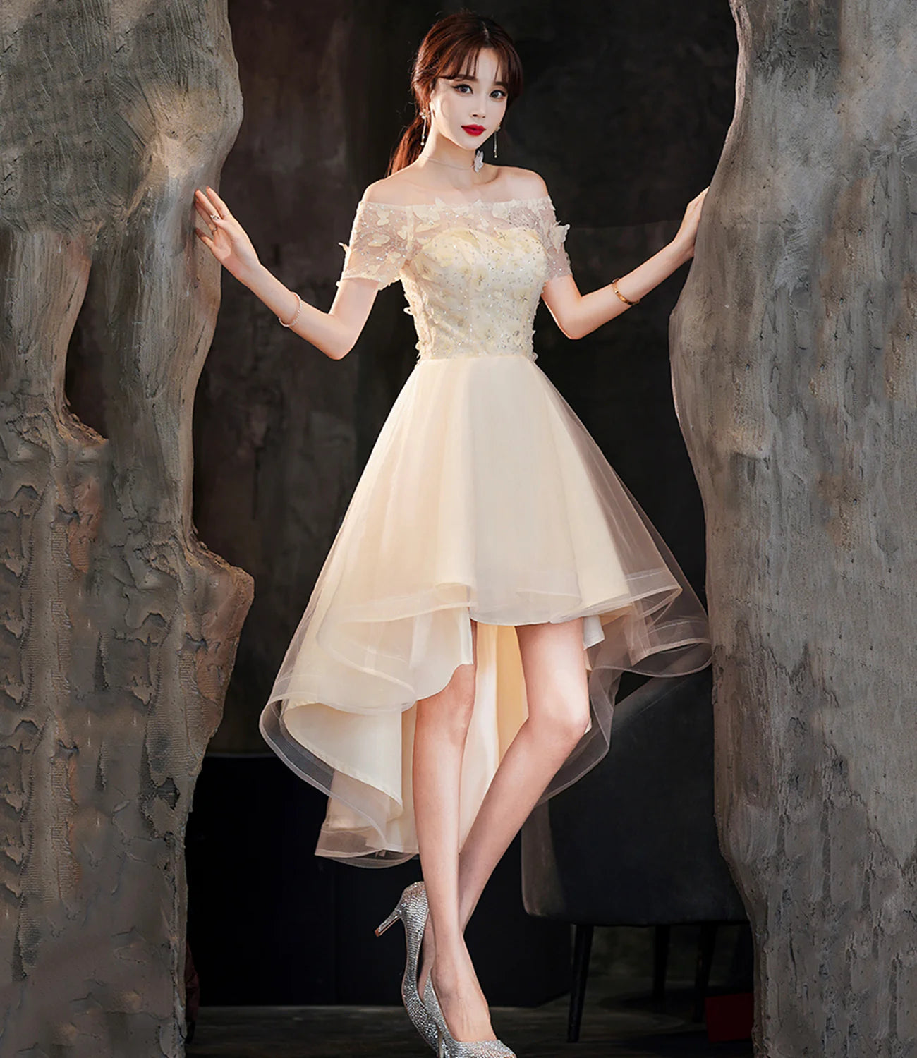 A-Line Champagne Tulle High Low Prom Dresses Party Dresses