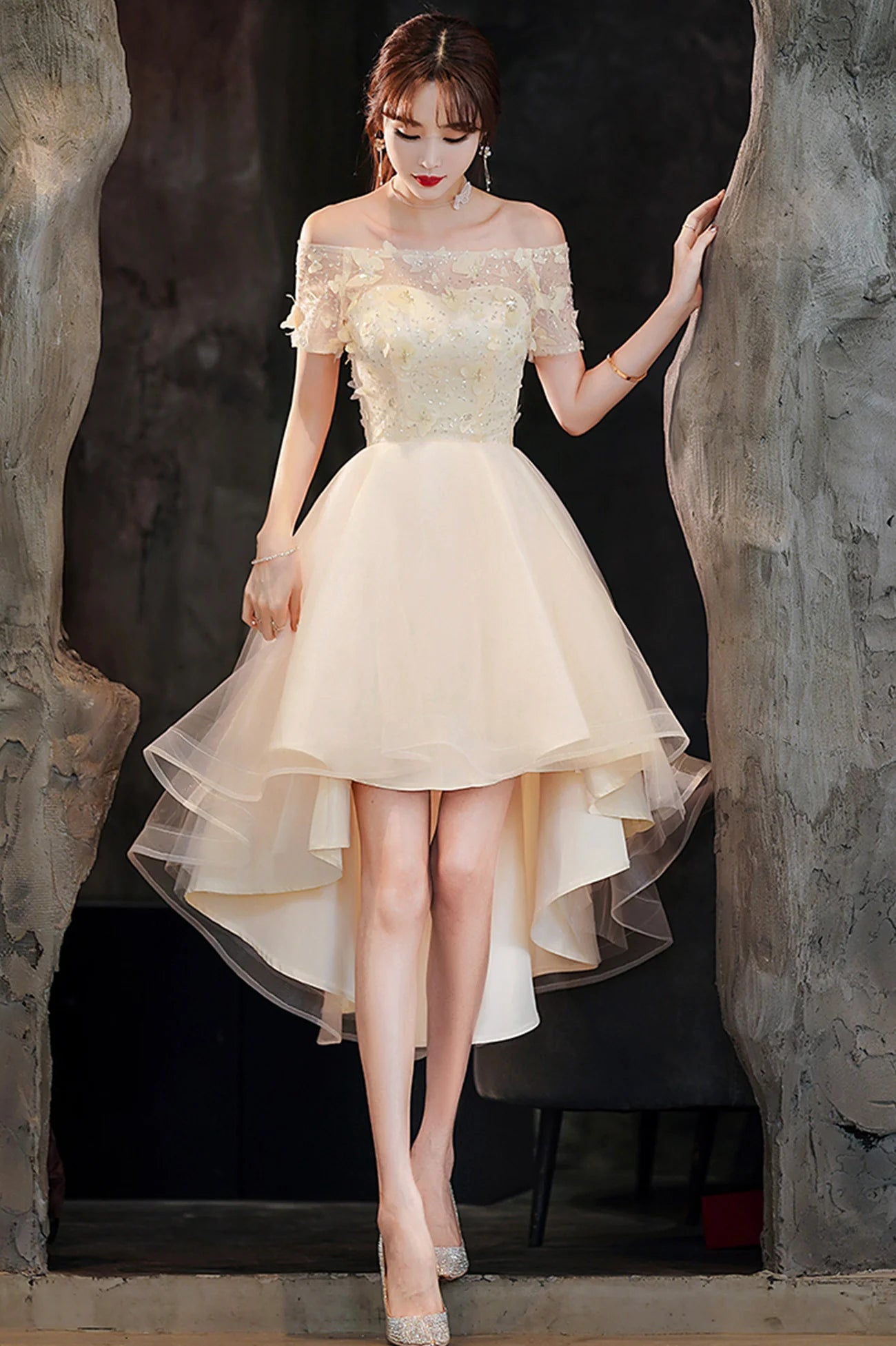 A-Line Champagne Tulle High Low Prom Dresses Party Dresses