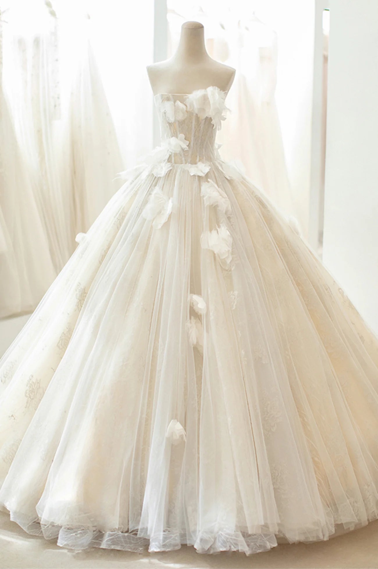 A-Line Champagne Tulle Lace Long Formal Dress Evening Gown Wedding Dress