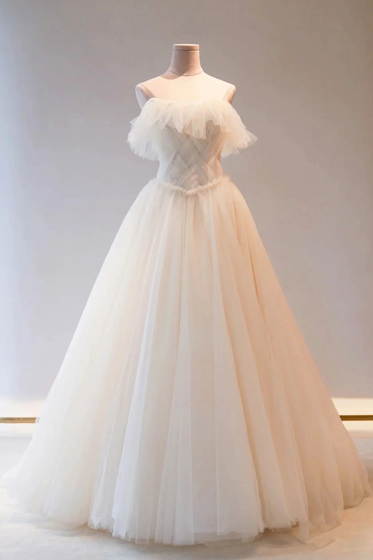 A-Line Champange Tulle Long Prom Dress Evening Dress Wedding Dress