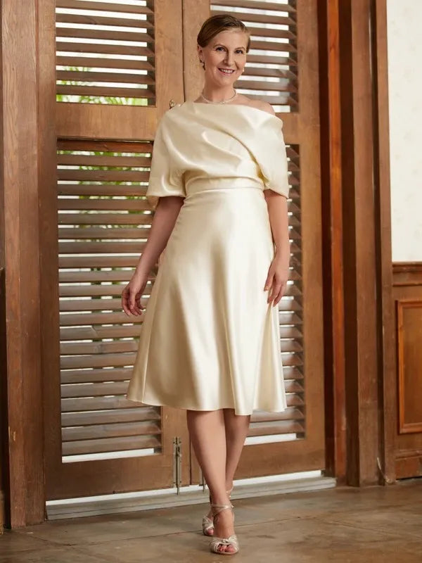 A-Line Charmeuse Ruched Off-the-Shoulder short Sleeves Tea-Length Mother of the Bride Dresses