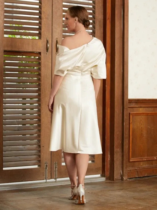 A-Line Charmeuse Ruched Off-the-Shoulder short Sleeves Tea-Length Mother of the Bride Dresses