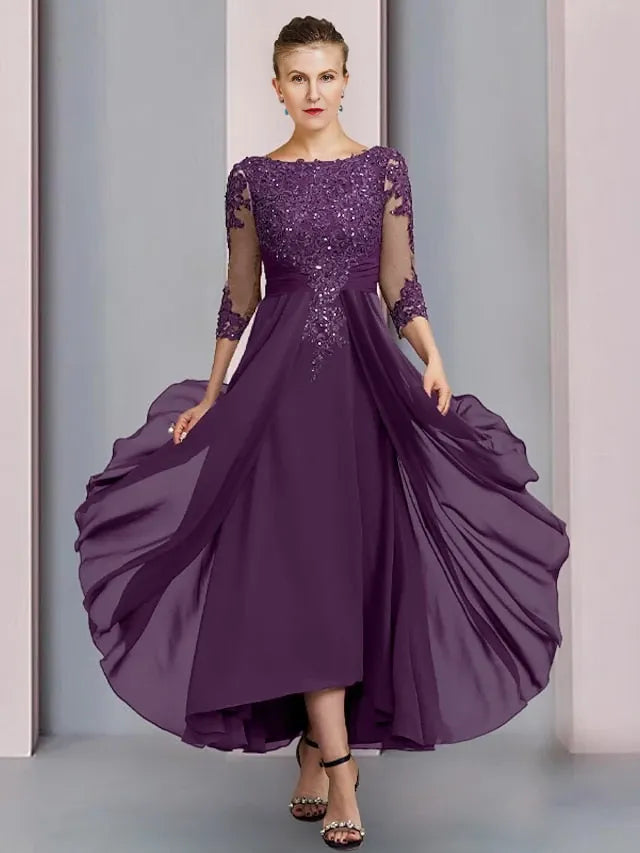 A-Line Chiffon Grape Jewel Neck Applique Ankle-Length Short Sleeves Mother of the Bride Dresses