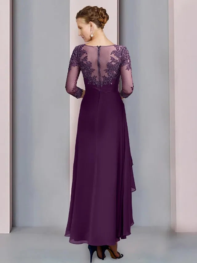 A-Line Chiffon Grape Jewel Neck Applique Ankle-Length Short Sleeves Mother of the Bride Dresses